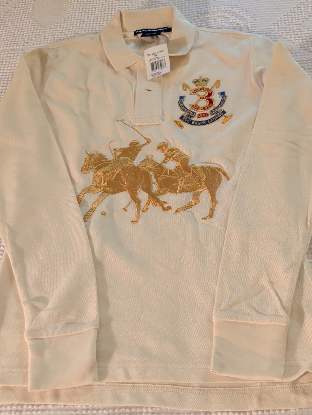Ralph Lauren Long-Sleeve Polo Shirt - Cream with Gold Embroidery